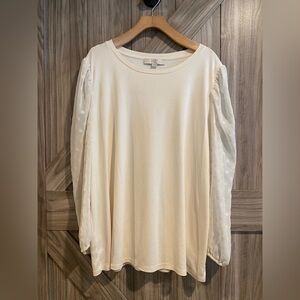 Loft Elegant Cream Women's Top with sheer polka dot sleeves. Size 20/22